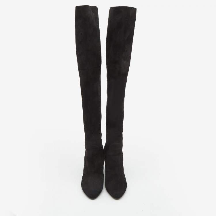 Pre Owned Dior Black  Suede Block Heel Knee Length Boots Size 38