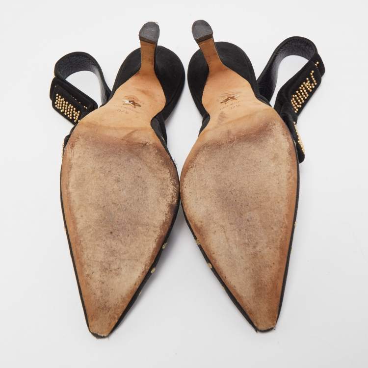 Pre Owned Dior Black Plumetis Mesh J'adior Studded Suede Pointed Toe Slingback Pumps Size 37.5