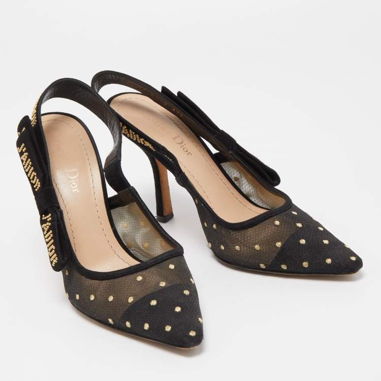 Pre Owned Dior Black Plumetis Mesh J'adior Studded Suede Pointed Toe Slingback Pumps Size 37.5