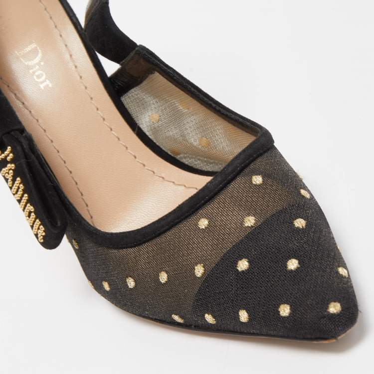Pre Owned Dior Black Plumetis Mesh J'adior Studded Suede Pointed Toe Slingback Pumps Size 37.5