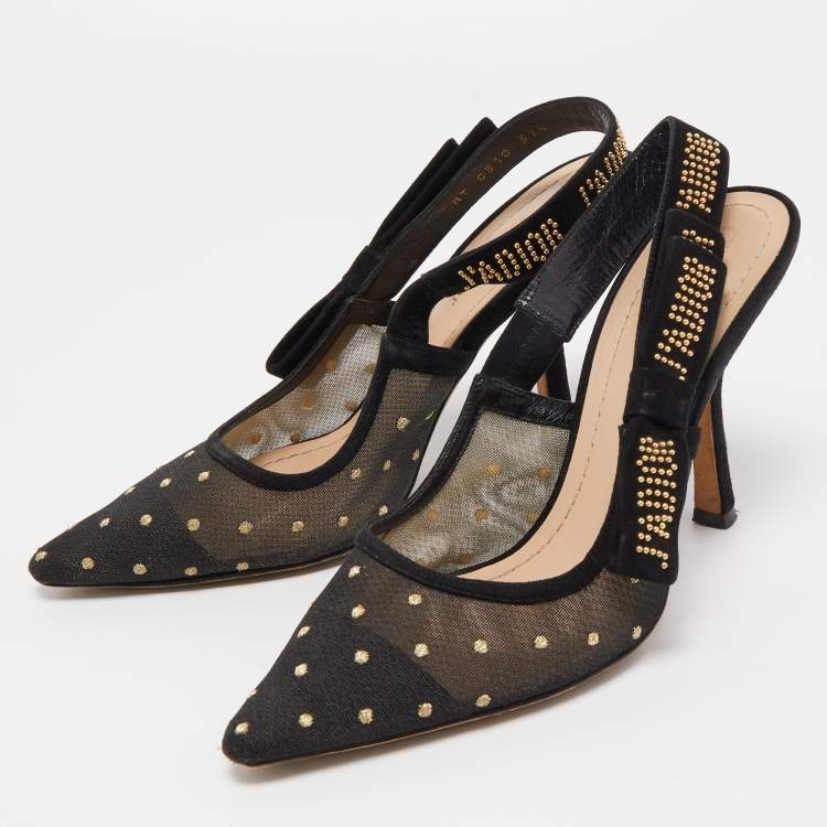 Pre Owned Dior Black Plumetis Mesh J'adior Studded Suede Pointed Toe Slingback Pumps Size 37.5