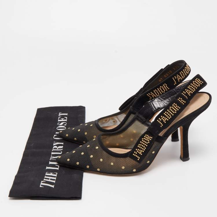 Pre Owned Dior Black Plumetis Mesh J'adior Studded Suede Pointed Toe Slingback Pumps Size 37.5