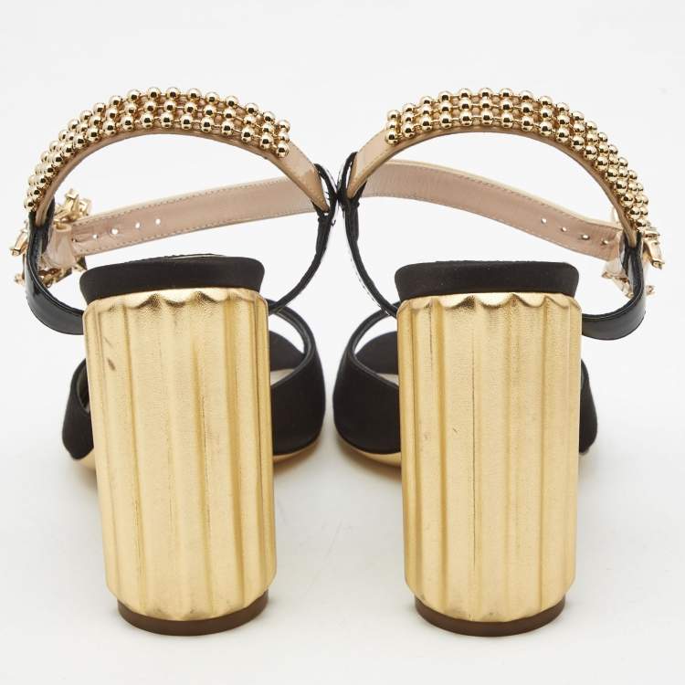 Pre Owned Dior Black/Beige Satin and Patent Leather Studded Ankle Strap Sandals Size 38.5