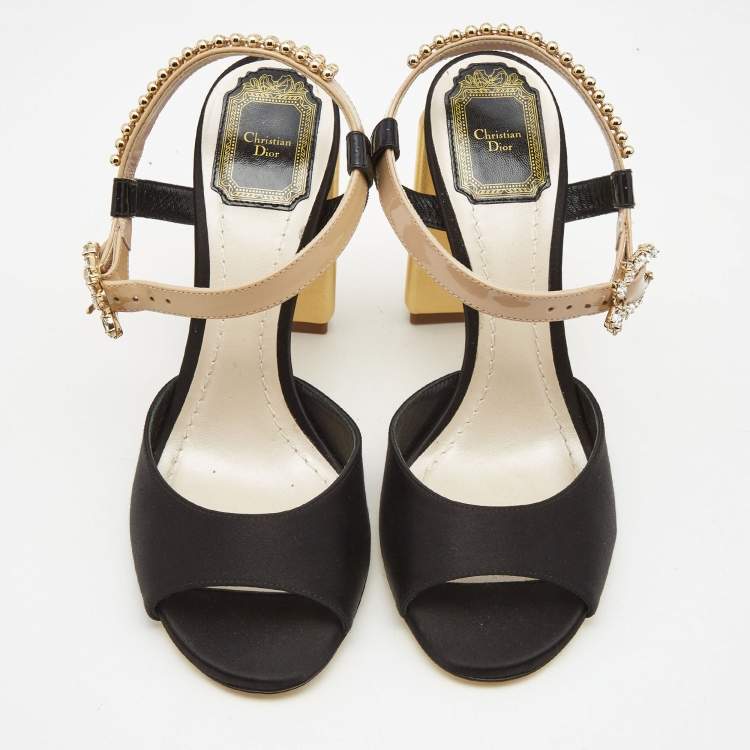 Pre Owned Dior Black/Beige Satin and Patent Leather Studded Ankle Strap Sandals Size 38.5