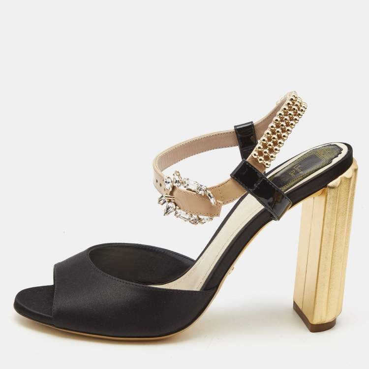 Pre Owned Dior Black/Beige Satin and Patent Leather Studded Ankle Strap Sandals Size 38.5