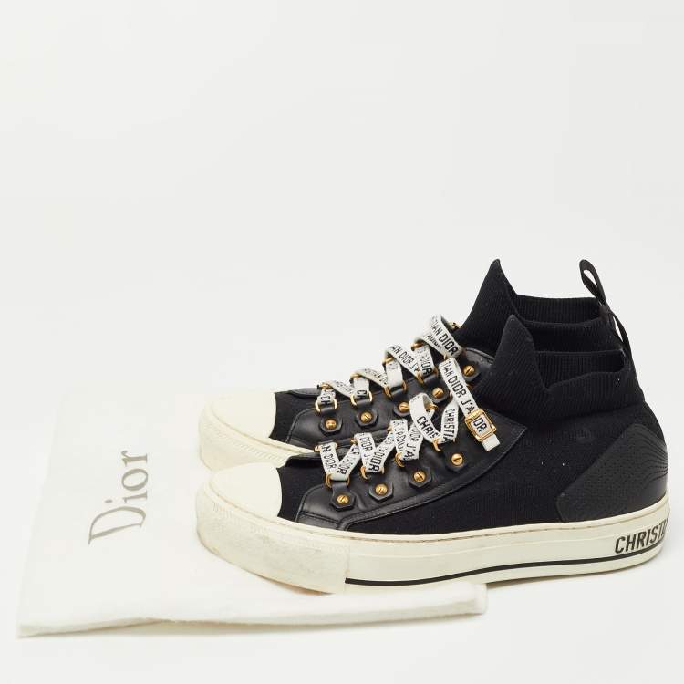 Pre Owned Dior Black Knit Fabric and Leather Walk'n'Dior High Top Sneakers Size 37