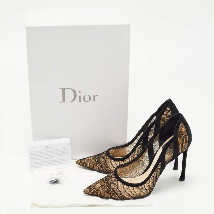 Pre Owned Dior Black Lace and Suede Chantilly Pointed Toe Pumps Size 36.5