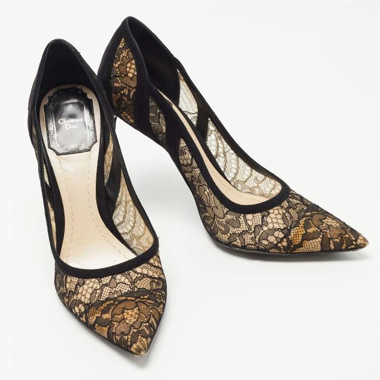 Pre Owned Dior Black Lace and Suede Chantilly Pointed Toe Pumps Size 36.5