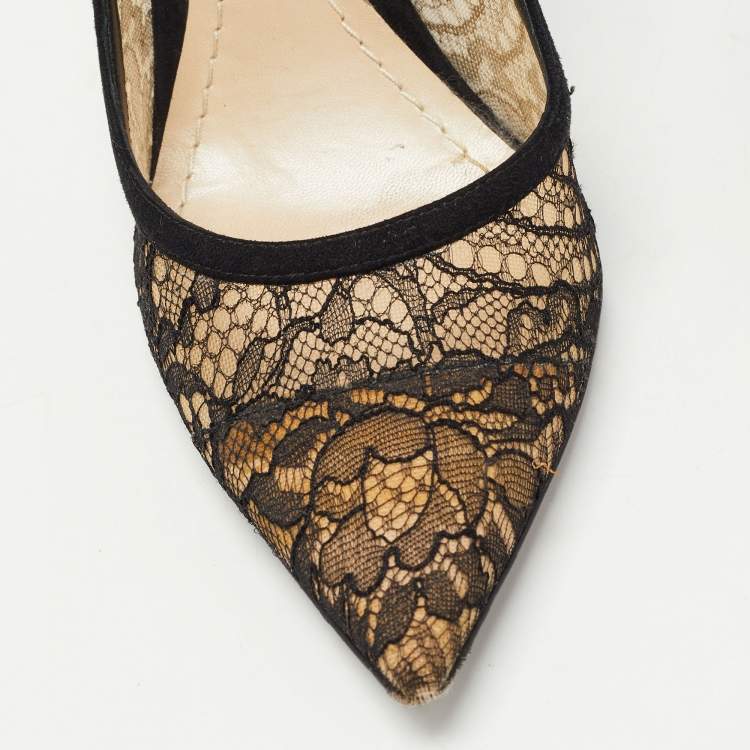 Pre Owned Dior Black Lace and Suede Chantilly Pointed Toe Pumps Size 36.5