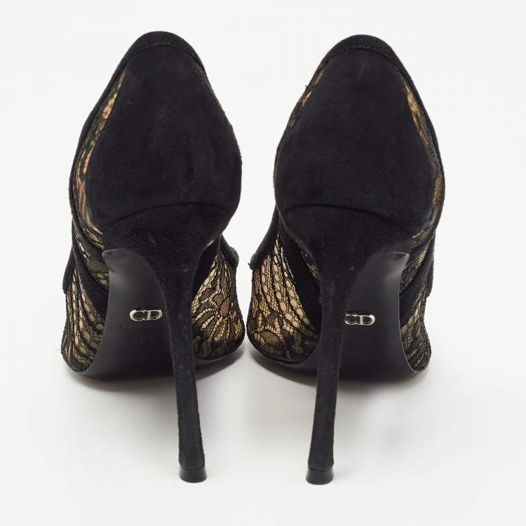 Pre Owned Dior Black Lace and Suede Chantilly Pointed Toe Pumps Size 36.5