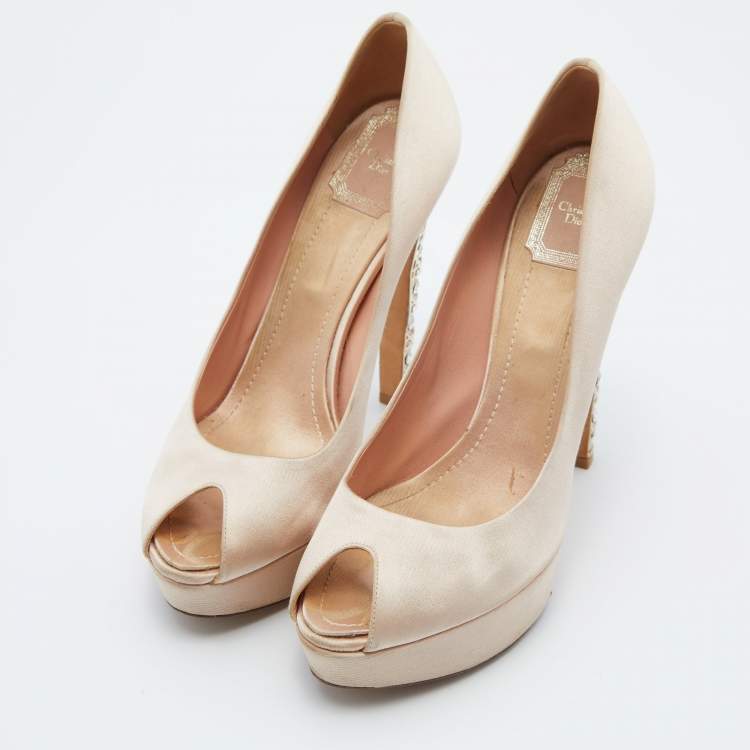 Pre Owned Dior Beige Satin Cannage Heel Peep-Toe Platform Pumps Size 39