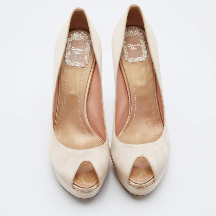 Pre Owned Dior Beige Satin Cannage Heel Peep-Toe Platform Pumps Size 39