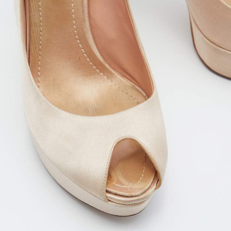 Pre Owned Dior Beige Satin Cannage Heel Peep-Toe Platform Pumps Size 39
