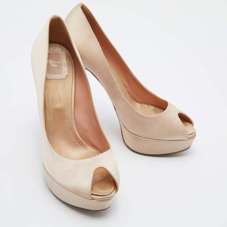 Pre Owned Dior Beige Satin Cannage Heel Peep-Toe Platform Pumps Size 39