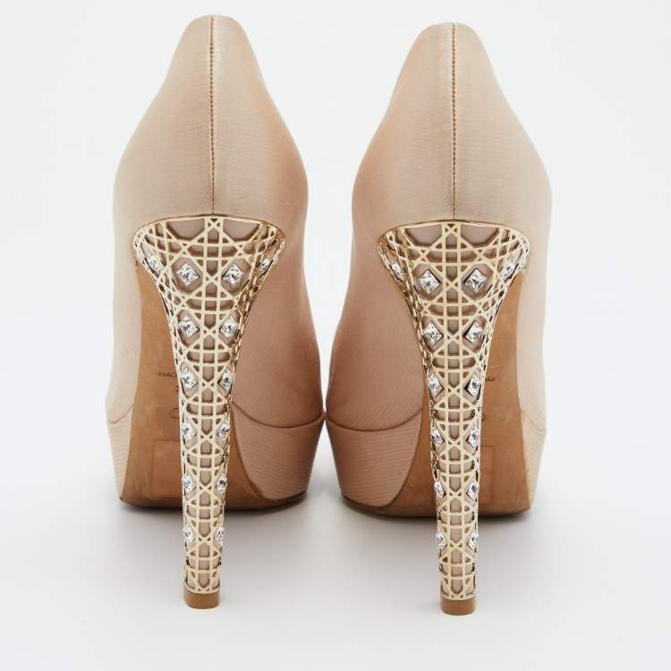 Pre Owned Dior Beige Satin Cannage Heel Peep-Toe Platform Pumps Size 39