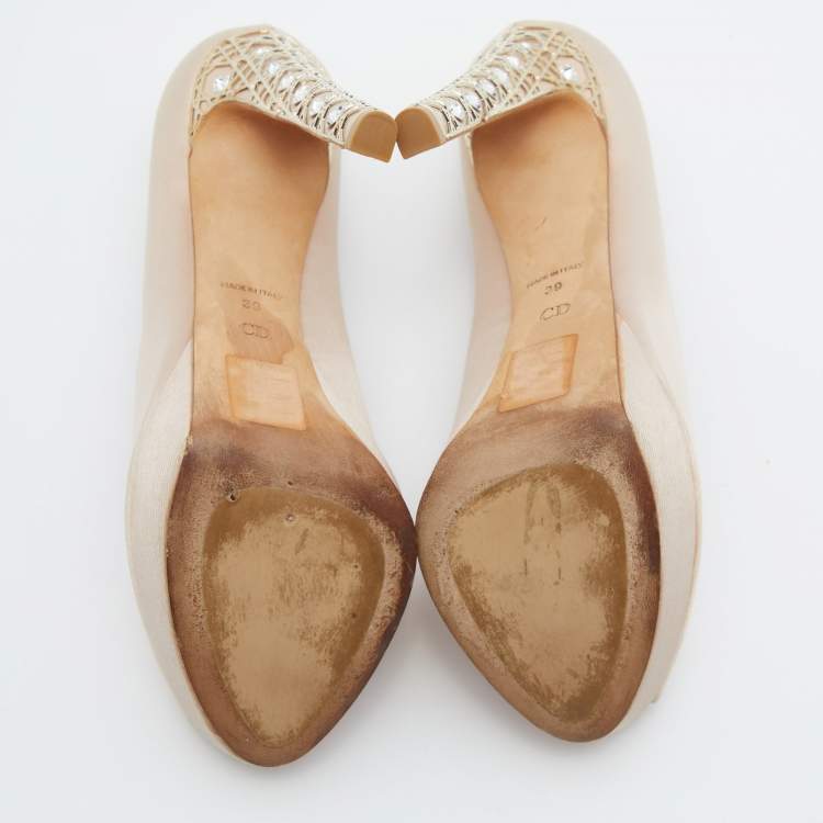 Pre Owned Dior Beige Satin Cannage Heel Peep-Toe Platform Pumps Size 39