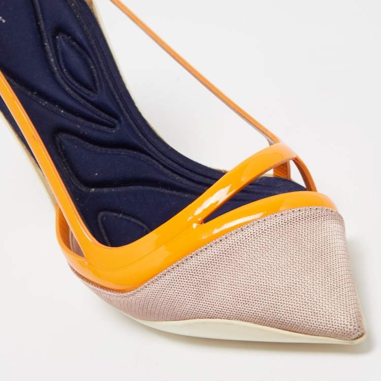 Dior Orange/Pink Patent Leather and Fabric Curved Heel Pumps Size 40.5
