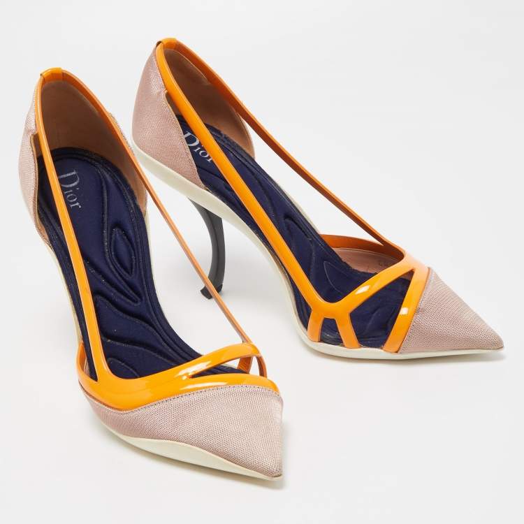Dior Orange/Pink Patent Leather and Fabric Curved Heel Pumps Size 40.5