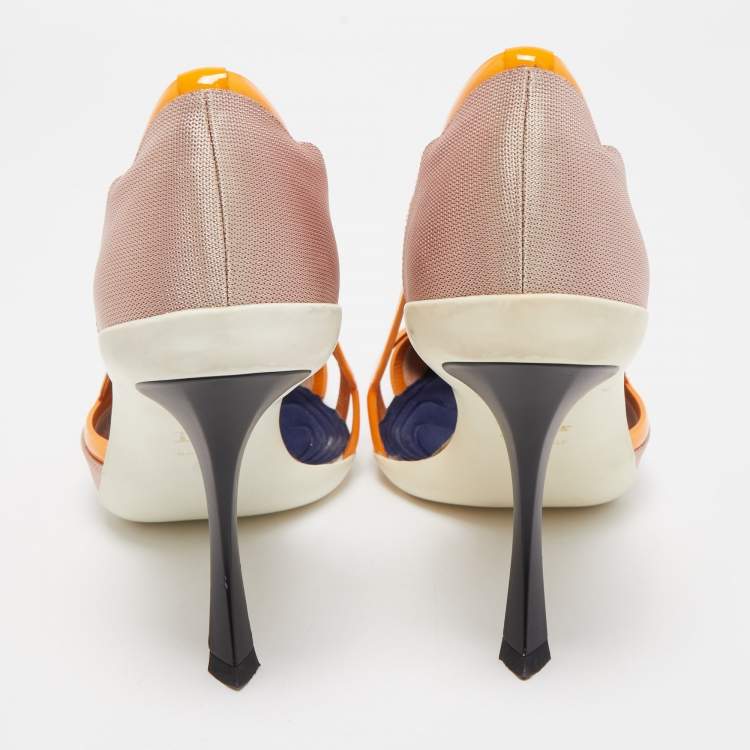 Dior Orange/Pink Patent Leather and Fabric Curved Heel Pumps Size 40.5