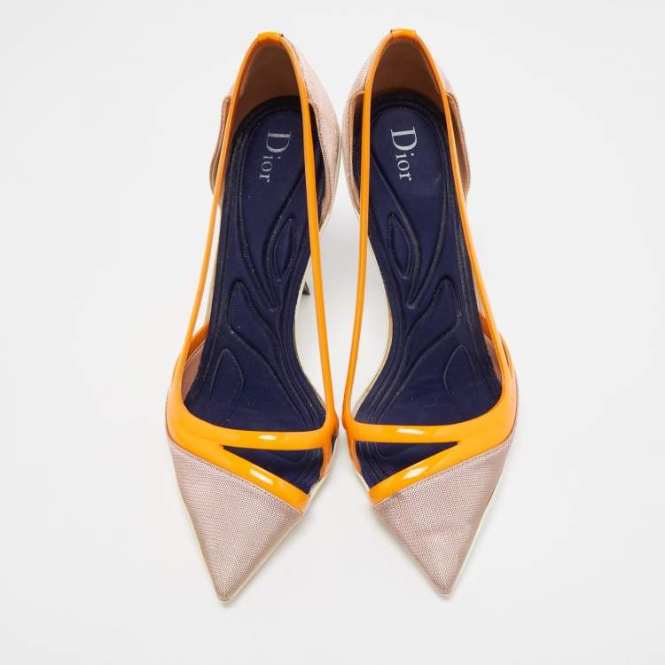 Dior Orange/Pink Patent Leather and Fabric Curved Heel Pumps Size 40.5