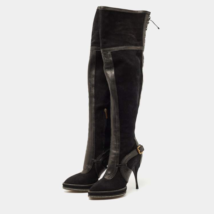 Pre Owned Dior Black Leather and Suede  Platform Length Length Boots Size 41 