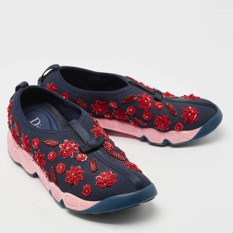 Pre Owned Dior Navy Blue Embellished Mesh Fusion Sneakers Size 38.5