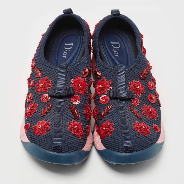 Pre Owned Dior Navy Blue Embellished Mesh Fusion Sneakers Size 38.5