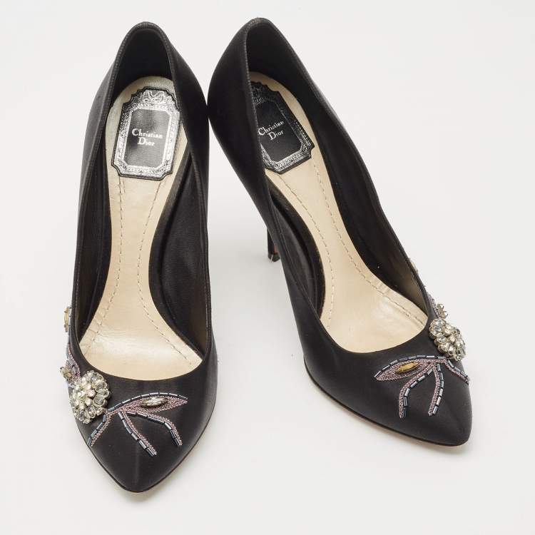 Pre Owned Dior Black Satin Crystal Embellished Round Toe Pumps Size 40