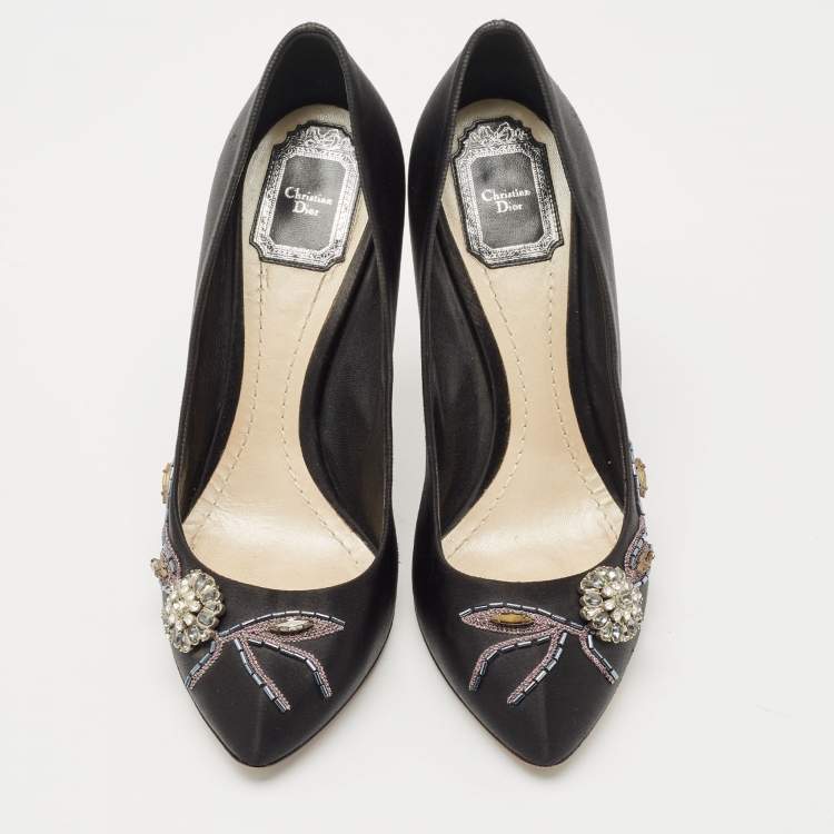 Pre Owned Dior Black Satin Crystal Embellished Round Toe Pumps Size 40