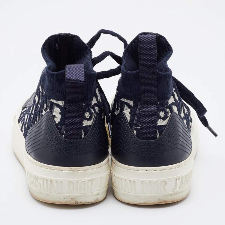 مملوكة مسبقًا Dior Blue Knit Fabric and Leather Walk'n'Dior High Top Sneakers Size 35.5