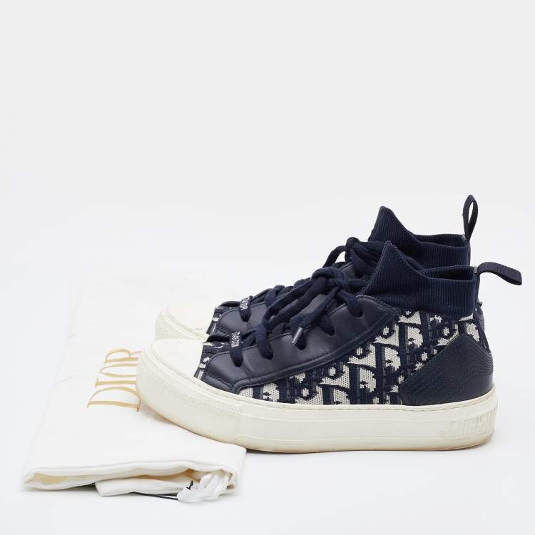 مملوكة مسبقًا Dior Blue Knit Fabric and Leather Walk'n'Dior High Top Sneakers Size 35.5