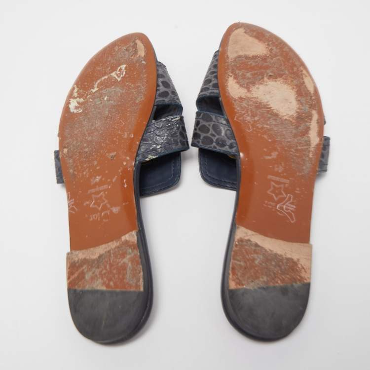 Pre Owned Dior Black/Grey Leather 30 Montaigne Slide Flats Size 41