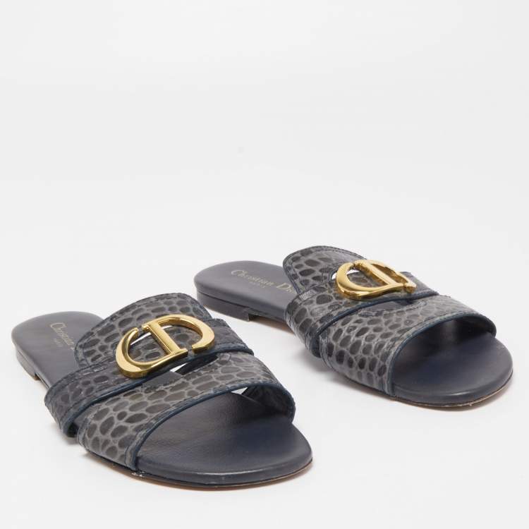 Pre Owned Dior Black/Grey Leather 30 Montaigne Slide Flats Size 41