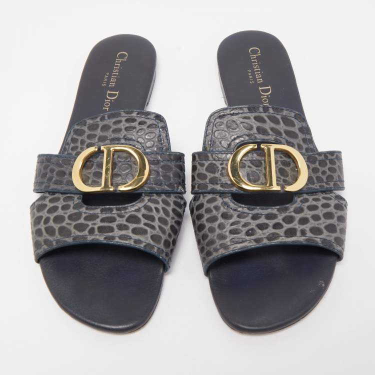 Pre Owned Dior Black/Grey Leather 30 Montaigne Slide Flats Size 41