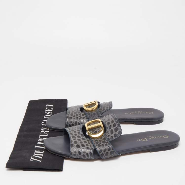 Pre Owned Dior Black/Grey Leather 30 Montaigne Slide Flats Size 41