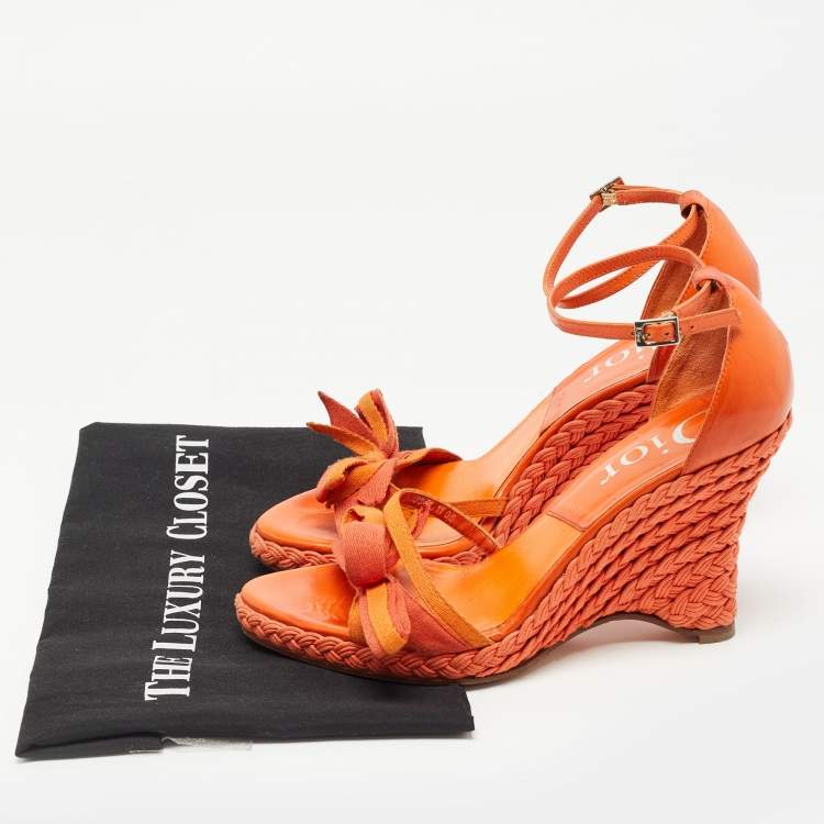 Pre Owned Dior Orange Canvas and Leather Wedge Ankle Strap Sandals