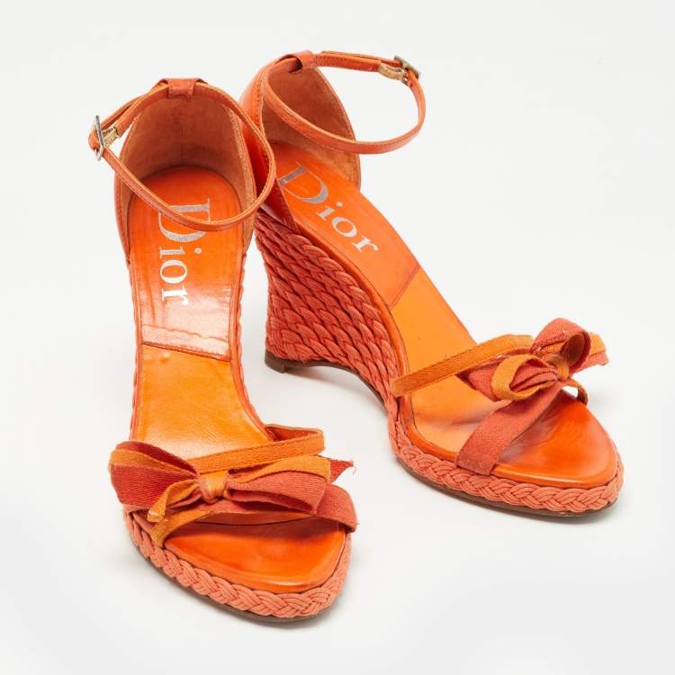 Pre Owned Dior Orange Canvas and Leather Wedge Ankle Strap Sandals