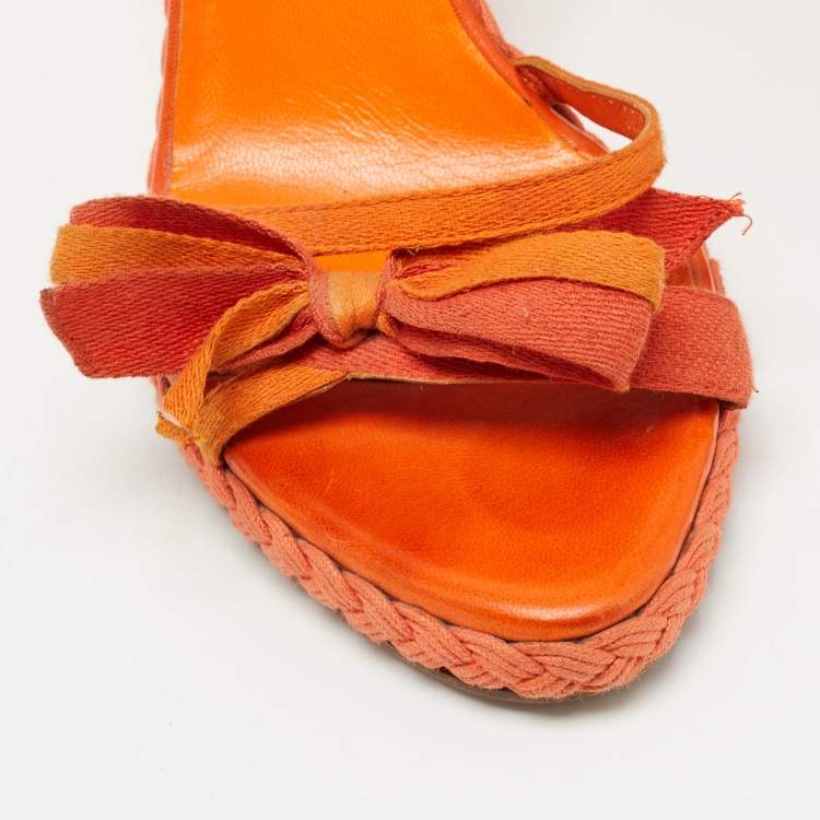 Pre Owned Dior Orange Canvas and Leather Wedge Ankle Strap Sandals