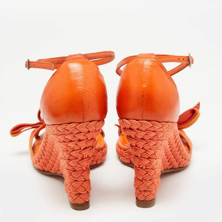 Pre Owned Dior Orange Canvas and Leather Wedge Ankle Strap Sandals