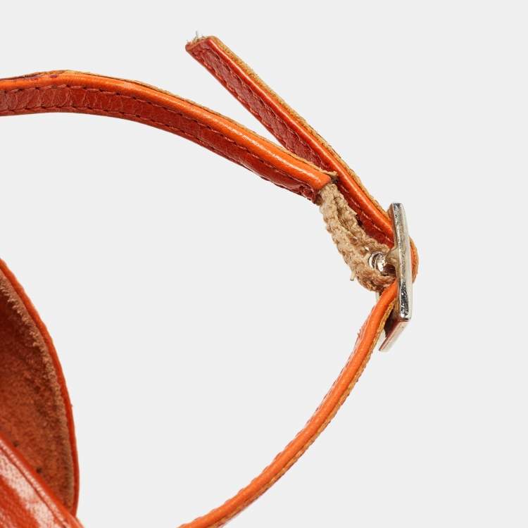 Pre Owned Dior Orange Canvas and Leather Wedge Ankle Strap Sandals