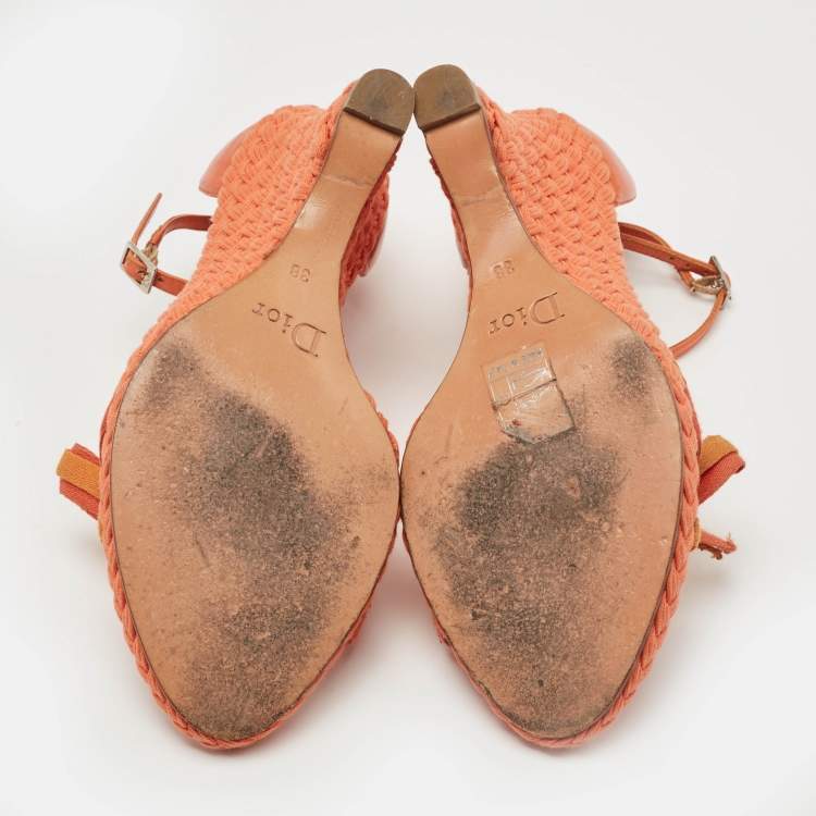 Pre Owned Dior Orange Canvas and Leather Wedge Ankle Strap Sandals