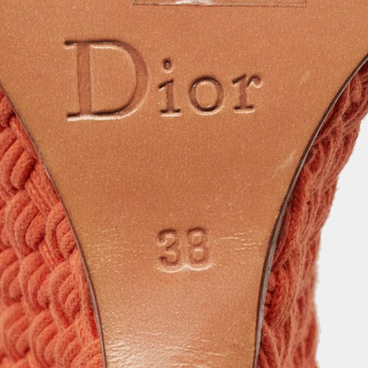 Pre Owned Dior Orange Canvas and Leather Wedge Ankle Strap Sandals