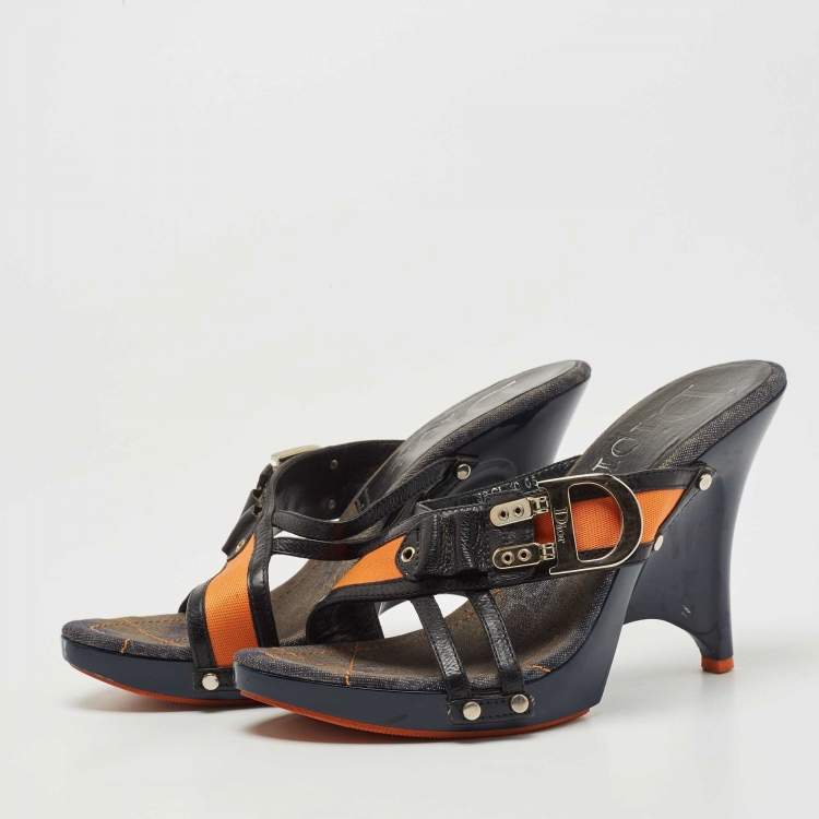 Dior Navy Blue/Orange Canvas and Leather Wedge Sandals Size 38