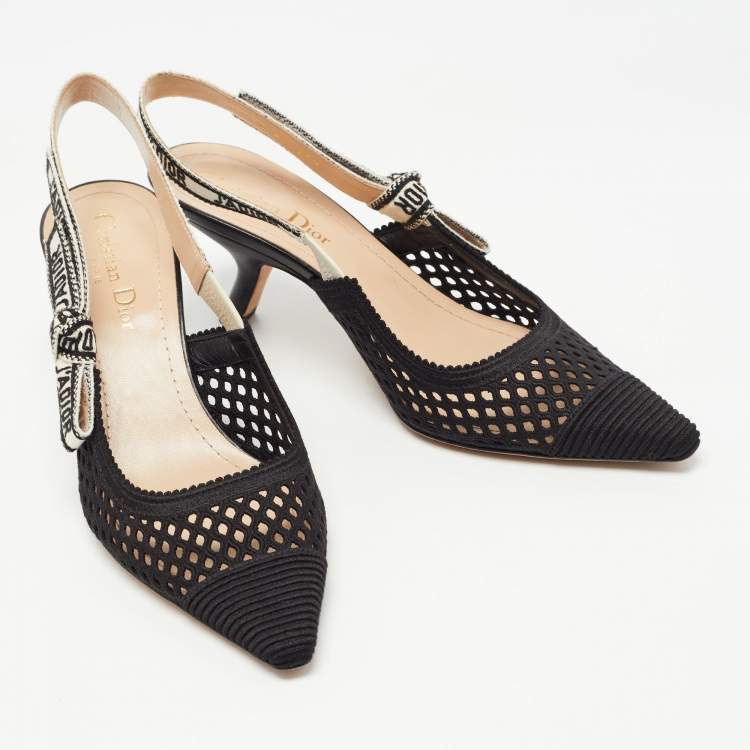 Pre Owned Dior Black Canvas and Mesh Jadior Slingback Pumps Size 37.5