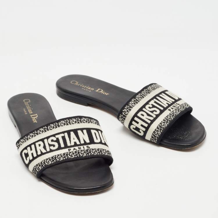 Pre Owned Dior White/Black Canvas Dway Slide Flats Size 37