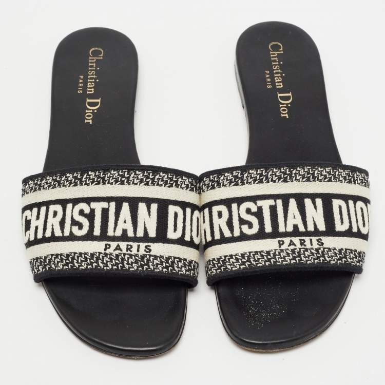 Pre Owned Dior White/Black Canvas Dway Slide Flats Size 37