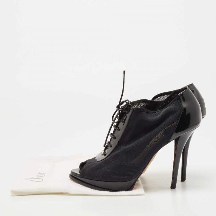 Pre Owned Dior Black Patent Leather and Mesh Peep Toe Lace Up Ankle Booties Size 38.5