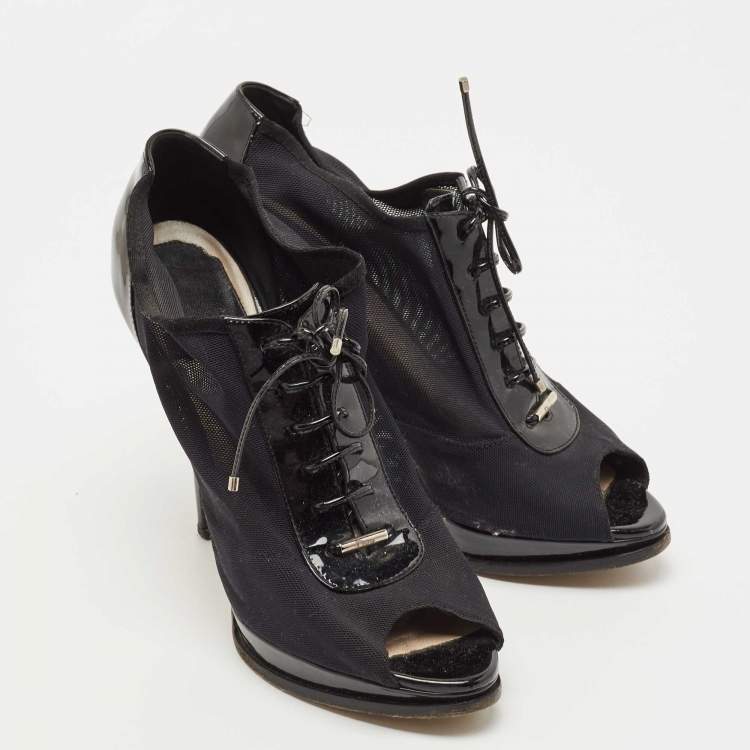 Pre Owned Dior Black Patent Leather and Mesh Peep Toe Lace Up Ankle Booties Size 38.5