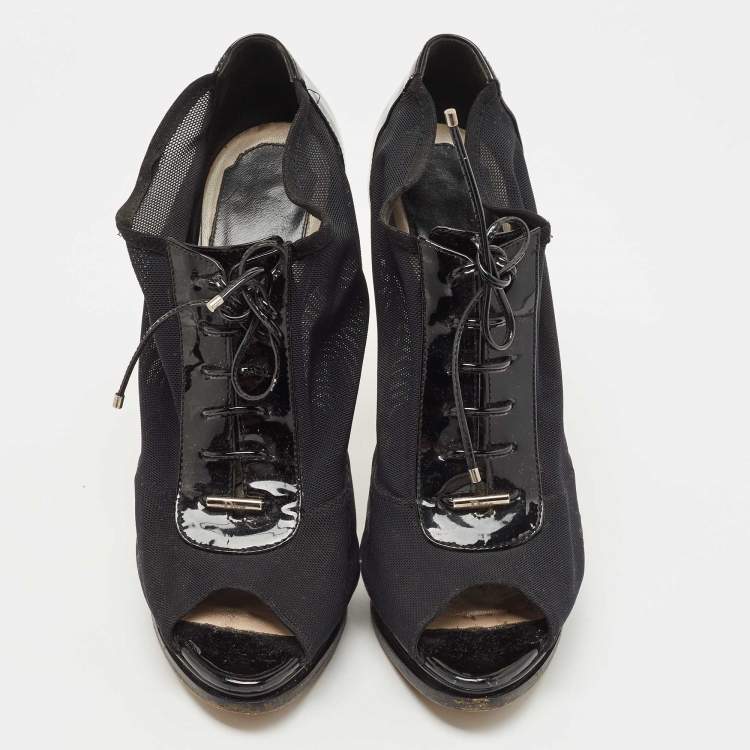 Pre Owned Dior Black Patent Leather and Mesh Peep Toe Lace Up Ankle Booties Size 38.5
