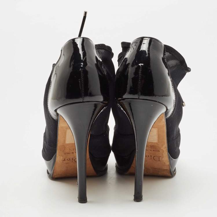 Pre Owned Dior Black Patent Leather and Mesh Peep Toe Lace Up Ankle Booties Size 38.5